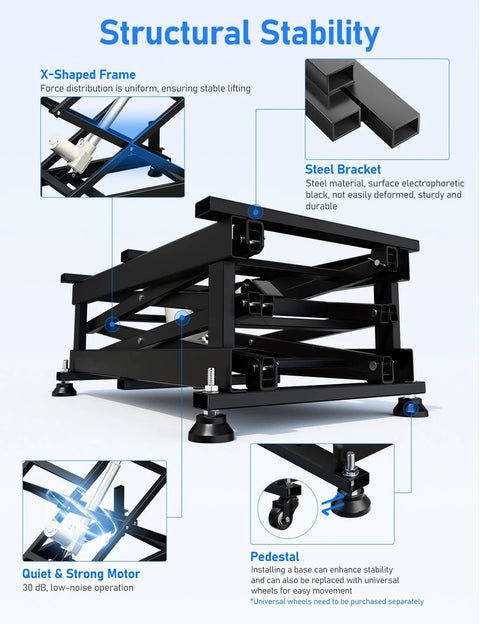 DIHOOL electric scissor lift table with black steel frame and adjustable-height platform, angled view