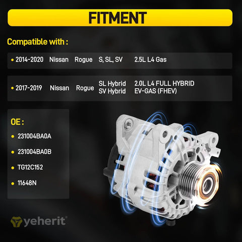 120A High Output Alternator Plug-And-Play Replacement For Nissan Rogue X-Trail 2014-2020, 2.5L Gas And 2.0L Hybrid FHEV, 6-Groove CW