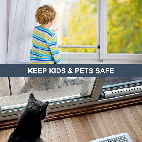 Adjustable Sliding Door Security Bar 17.5 To 50 Inches in use with child and pet by window, highlighting safety