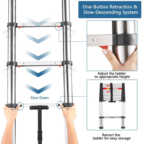 Twelve And A Half Foot Telescoping Ladder With One Button Retraction showing slow descending system and user adjusting height