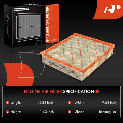 Engine Air Filter For Nissan Armada Frontier NV1500 NV2500 NV3500 Pathfinder Titan Xterra Grand Cherokee Infiniti QX56 1993 2023 Beefed Up High Flow Replacement 53007386AB, rectangular filter with packaging and specifications