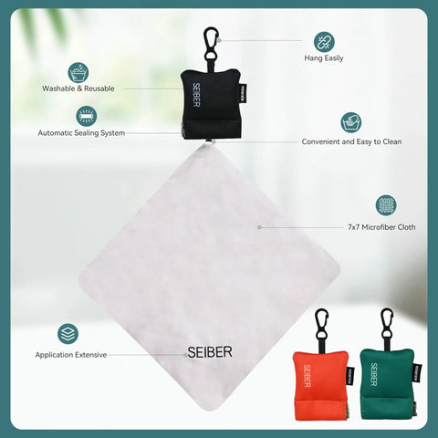 SEIBER eyeglass cleaning microfiber cloth with neoprene pouch, 7x7 inches, 3-pack in black, orange, or green.