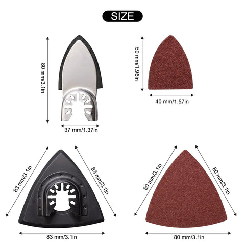 All-In-One Oscillating Tool Sanding Pads Kit With Triangle And Finger Pads, 100-Piece Multitool Sandpaper Pack sizes shown