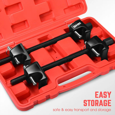 2-Pack 11.5 Inch Spring Compressor Tool Kit With Locking Pin for suspension work, shown in red storage case, MacPherson strut tool