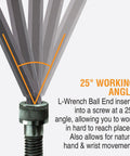 Illustration showing the 25° working angle of a Triple Pack Ball End Hex L-Wrench Set With Fold-Up Star Torx, Inch and Metric Sizes.