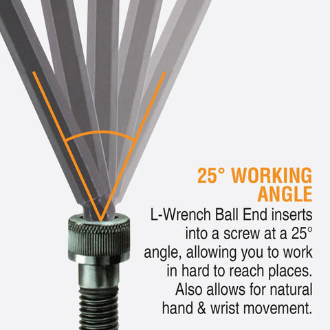 Illustration showing the 25° working angle of a Triple Pack Ball End Hex L-Wrench Set With Fold-Up Star Torx, Inch and Metric Sizes.