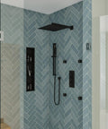 HomeStock Modern Rectangle Thermostatic Shower System Trim Kit with Pressure Balance Valve Matte Black Finish in stylish bathroom.
