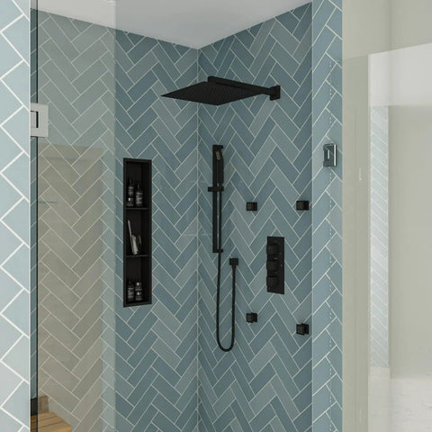 HomeStock Modern Rectangle Thermostatic Shower System Trim Kit with Pressure Balance Valve Matte Black Finish in stylish bathroom.
