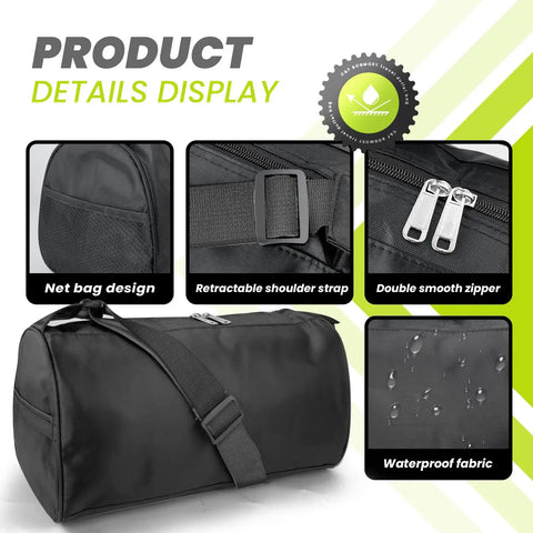 Foldable Waterproof Travel Duffle Bag For Gym And Beach with retractable strap, net bag design, double zippers, waterproof fabric