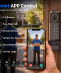 Next Level Smart Door Lock With Onboard Video Doorbell And Quick Fingerprint Access For A Solid Keyless Front Door Setup, showing smartphone control with delivery person.
