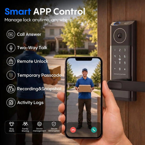 Next Level Smart Door Lock With Onboard Video Doorbell And Quick Fingerprint Access For A Solid Keyless Front Door Setup, showing smartphone control with delivery person.