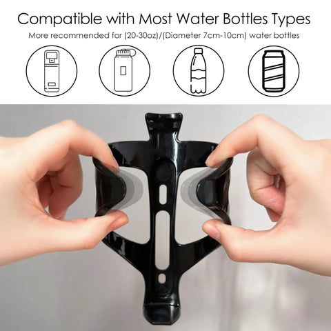 Two Pack Bike Water Bottle Holders Universal Fit being held to show flexibility and compatibility with various bottle sizes.