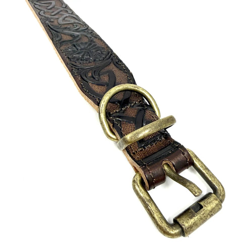 Premium Full Grain Heavy Duty Leather Dog Collar Built Tough For Large Dogs With Hand Carved Celtic Chains Aged Raw Brass Buckle and comfy suede padding.