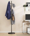 Heavy Duty Freestanding Coat Rack With Solid Wood Base And Metal Coat Tree 6 Hook Hanger Stand For Jackets Hats Bags No Wobble Sturdy Standing Purse Rack For Bedroom Or Office shown in home office.