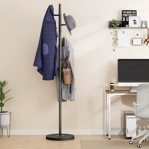 Heavy Duty Freestanding Coat Rack With Solid Wood Base And Metal Coat Tree 6 Hook Hanger Stand For Jackets Hats Bags No Wobble Sturdy Standing Purse Rack For Bedroom Or Office shown in home office.