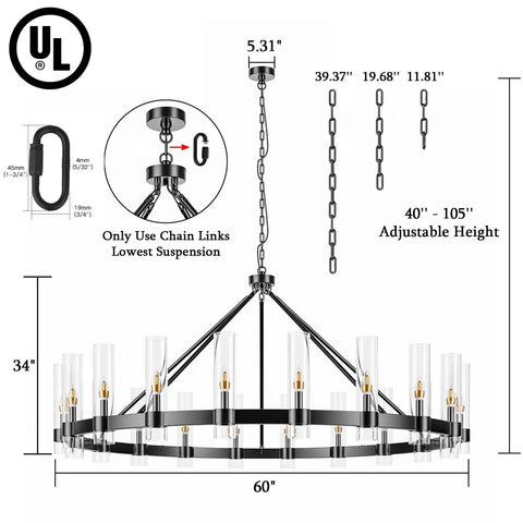 Black Wagon Wheel Chandelier With 20 Lights Modern Farmhouse Pendant Light 60 Inch Round Glass Shade Industrial Ceiling Fixture diagram