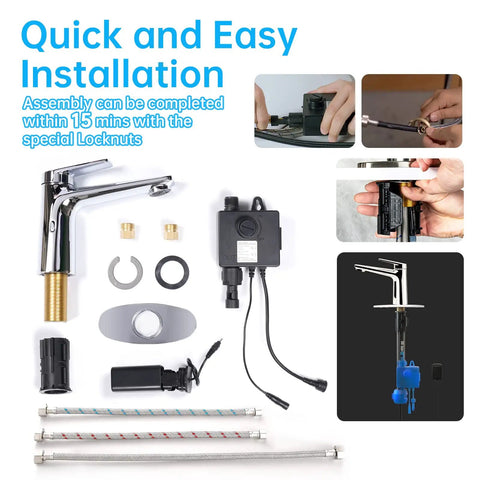 Hands Free Sensor Bathroom Faucet components with dual temperature and low flow water control visible, chrome finish included.