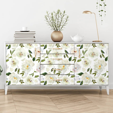 Cabinet covered in Peony Floral Wallpaper For Bedroom And Nursery, Vintage Watercolor Peel And Stick Mural, Self Adhesive