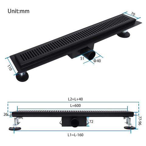 Premium 304 Stainless Steel Linear Shower Drain With 360 Degree Rotation And Hair Strainer dimensions and features diagram.