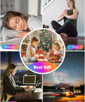 Collage of a woman sleeping, another doing yoga, a woman working, and a car under stars, showcasing uses for Galaxy Star Projector Light.
