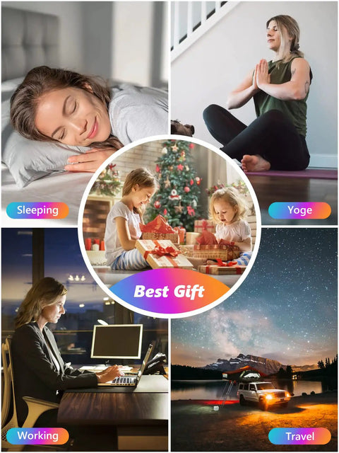 Collage of a woman sleeping, another doing yoga, a woman working, and a car under stars, showcasing uses for Galaxy Star Projector Light.