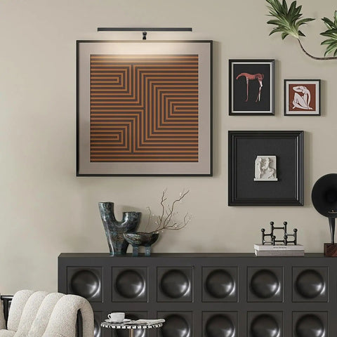 Plug In 16 Inch 4W LED Picture Light With Remote And Timer Adjustable 360 Degree Rotation And 90 Degree Tilt For Paintings Frames And Wall Art Displays Black Finish illuminating framed art on wall.