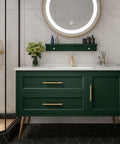 Two Pack Solid Brass Cabinet Pulls In Gold Brushed Finish, Euro Style T Bar Handles installed on green vanity cabinet
