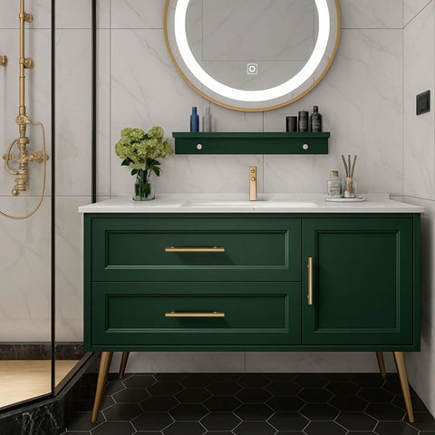 Two Pack Solid Brass Cabinet Pulls In Gold Brushed Finish, Euro Style T Bar Handles installed on green vanity cabinet