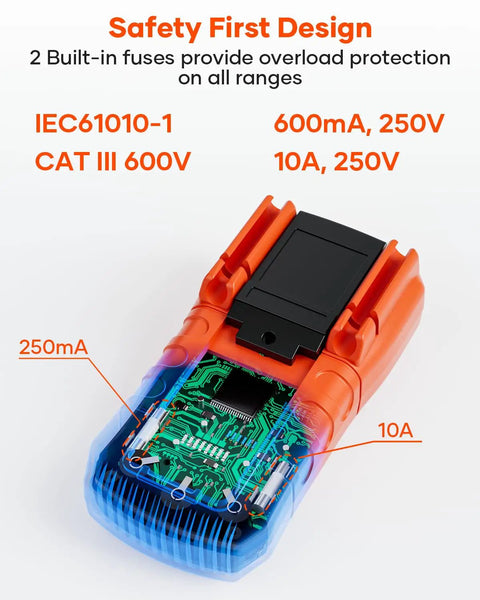 Digital Multimeter 6000 Counts With DC And AC Voltage And Current Resistance Capacitance Frequency Duty Cycle Continuity And Diode Testing NCV Live Wire Detection Auto Range Durable Handy Tool For Pros And DIY open showing circuitry with safety design elements