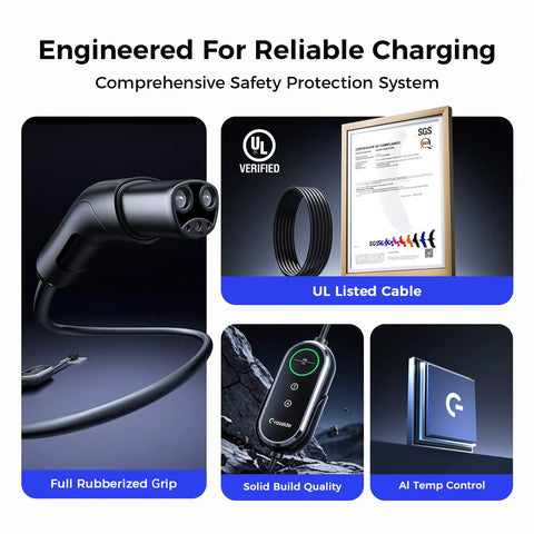Badass Level 2 Tesla Charger With Nacs Link, 24 Amp Adjustable Power, 25 Foot Rugged Cable, Nema 14-30 And 14-50 Plugs, UL listed with rubber grip.