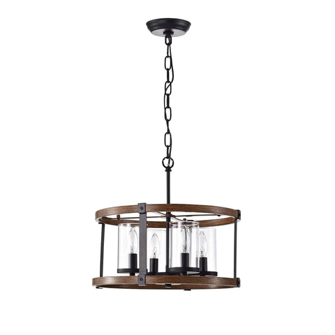 Akua Imitation Wood Grain Matte Black Four Light Drum Chandelier With Metal Frame And Glass Accents For Warm Modern Vibe ETL Listed