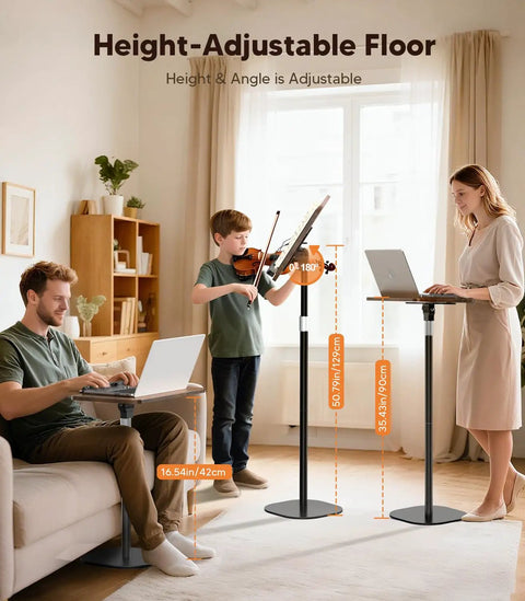 All In One Floor And Desktop Wooden Book And Music Stand That Do It All With Solid Wood Build Adjustable Height From Sixteen Point Five To Fifty One Inches Hands Free Reading Stand With Page Clip For Cookbooks Sheet Music Bible Office And Home shown being used in a living room by people for reading and playing music.
