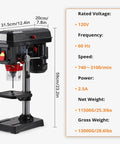 Get This Bad Boy 8 Inch Benchtop Drill Press displayed with specs, featuring a 2.5A motor and adjustable speed settings.