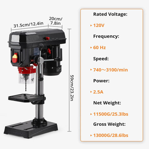 Get This Bad Boy 8 Inch Benchtop Drill Press displayed with specs, featuring a 2.5A motor and adjustable speed settings.