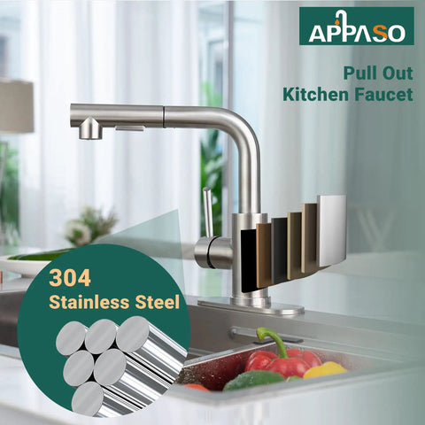 Bar Sink Faucet With Pull Out Sprayer Stainless Steel Kitchen Faucet With Single Handle Compact Mini Faucet For RV Outdoor Without Deck Plate Brushed Nickel Finish Nine Inch Height Lead Free And Rust Resistant with sliced pipes detail