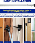 Beefy Heavy Duty Door Security Bar Adjustable For Travel Home Dorm And School Fits Hinged And Sliding Doors Made From 20 Gauge Steel For Extra Protection And Easy Tool Free Fit From 25 To 43 Inches Door Jammer shown in various installations.