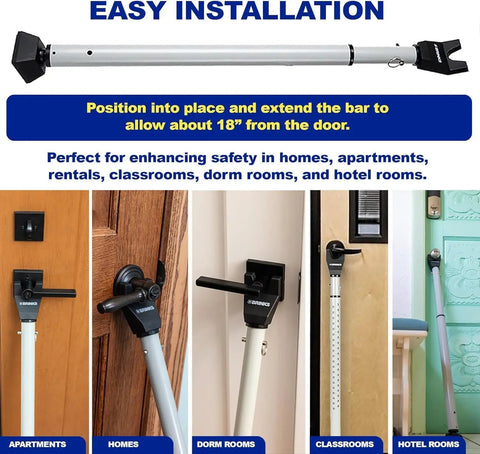 Beefy Heavy Duty Door Security Bar Adjustable For Travel Home Dorm And School Fits Hinged And Sliding Doors Made From 20 Gauge Steel For Extra Protection And Easy Tool Free Fit From 25 To 43 Inches Door Jammer shown in various installations.