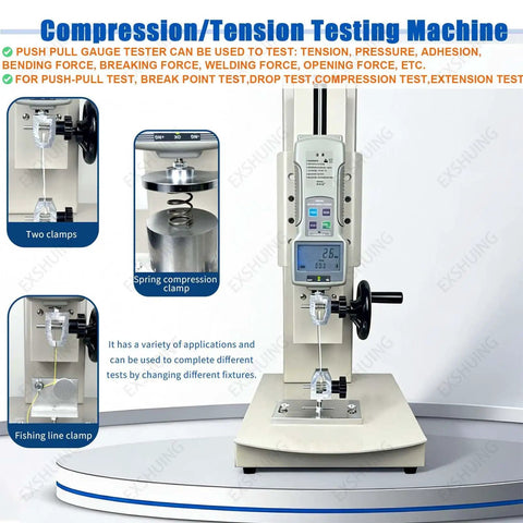 Horizontal Digital Push Pull Meter For Tensile And Compression Testing With Wheel Driven Manual Push Pull Test Stand Pro Grade Test Bench And Digital Force Gauge 10 To 2000 N Includes Ruler And 100 N Capacity, front view