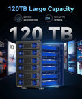 Smooth Operator Six Bay Aluminum Hard Drive Enclosure With Smart Cooling Fan Usb 3.2 Gen 2 Type A C For Straightforward Hot Swap Sata Hdd Ssd Data Vault Box, showcasing storage capacity of 120TB with blue drive bays.
