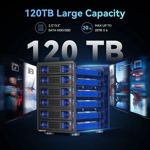 Smooth Operator Six Bay Aluminum Hard Drive Enclosure With Smart Cooling Fan Usb 3.2 Gen 2 Type A C For Straightforward Hot Swap Sata Hdd Ssd Data Vault Box, showcasing storage capacity of 120TB with blue drive bays.
