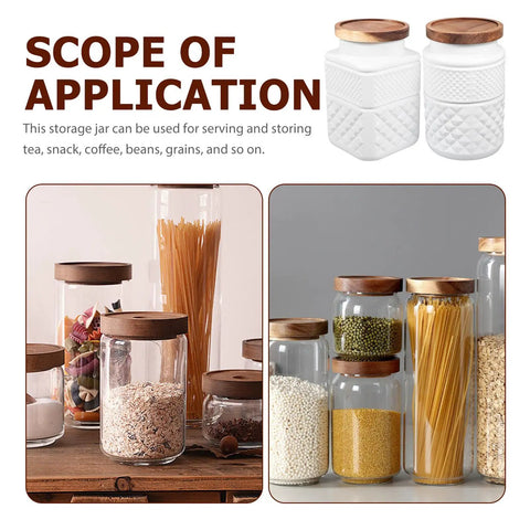 Dope Vintage Matte White Glass Canisters Set With Solid Wood Airtight Lids For Coffee Beans Tea And Grains in various sizes.