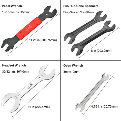 Close-up of four wrenches including a pedal wrench, hub cone spanners, headset wrench, and open wrench from 42 Piece Bike Repair Kit For Mountain, Dirt, And Road Bikes With Storage Case Tire Patch Kit, Pedal Wrench, Chain Whip, Wrenches, Levers, Rivet Extractor, Hex Keys, And Must-Have Tools For Quick Maintenance.