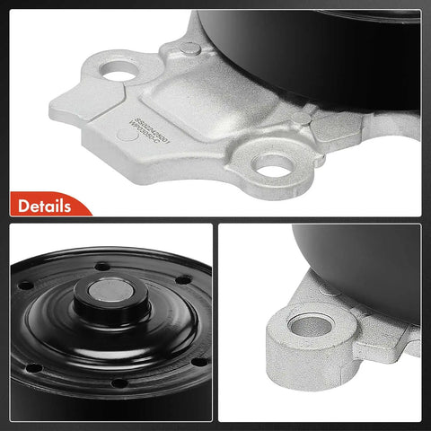 Engine Water Pump With Gasket Compatible With Toyota Corolla 2014 To 2022 1.8L Plus Corolla iM 2017 To 2018 1.8L C-HR 2018 To 2022 2.0L And Scion iM 2016 1.8L Direct Fit Replacement With Plug N Play, close-up side view aluminum housing