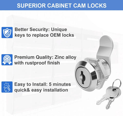 Five Eighths Inch Zinc Alloy Cam Locks Set With Keys, Keyed Alike, Eight Pack For Toolboxes and Storage
