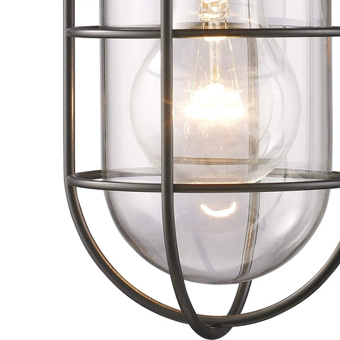 Close-up of Portside 12 Inch Outdoor Sconce 1 Light Matte Black Finish showcasing bulb and protective cage detail.
