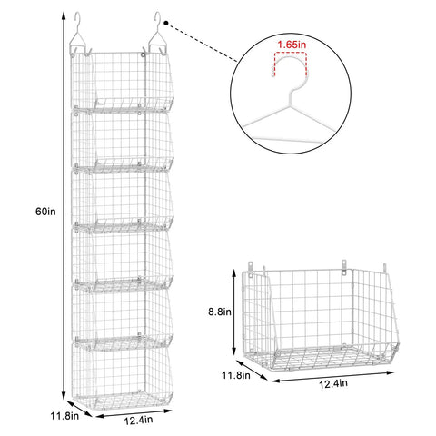 Diagram of Six Tier Closet Hanging Organizer With Four Heavy Duty Hooks And Five S Hooks, wire baskets dimensions and hook size.