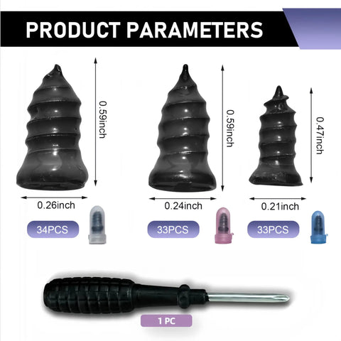 Must Have Tire Repair Kit 101 Pcs Spiral Rubber Studs and Screw Plugs in 3 sizes with screwdriver for DIY puncture repair