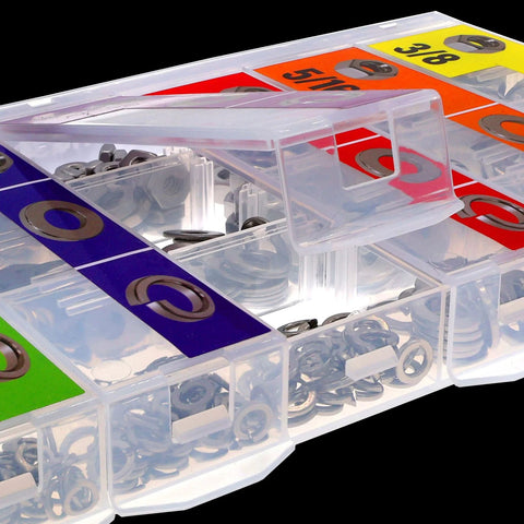 431-piece stainless steel nut and washer assortment in a clear plastic storage box with sizes 1/4, 5/16, 3/8