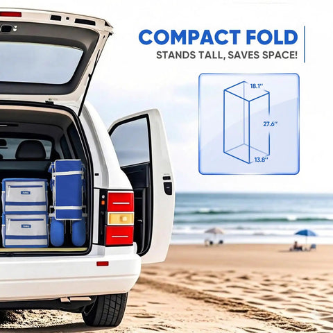 Heavy Duty Beach Wagon compactly folded in car trunk, blue cooler bags visible, beach background, dimensions highlighted.