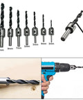 All In One Woodworking Drill Bit Set With Countersinks And Plug Cutters Hex Shank HSS 5 Flute 90 Degree Bits displayed and in use